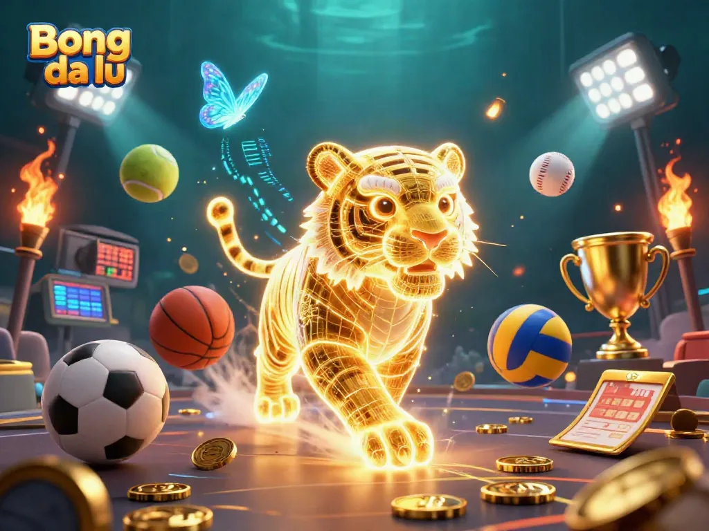 Experience Bong da lu action with golden tiger and vibrant sports elements in a digital casino.