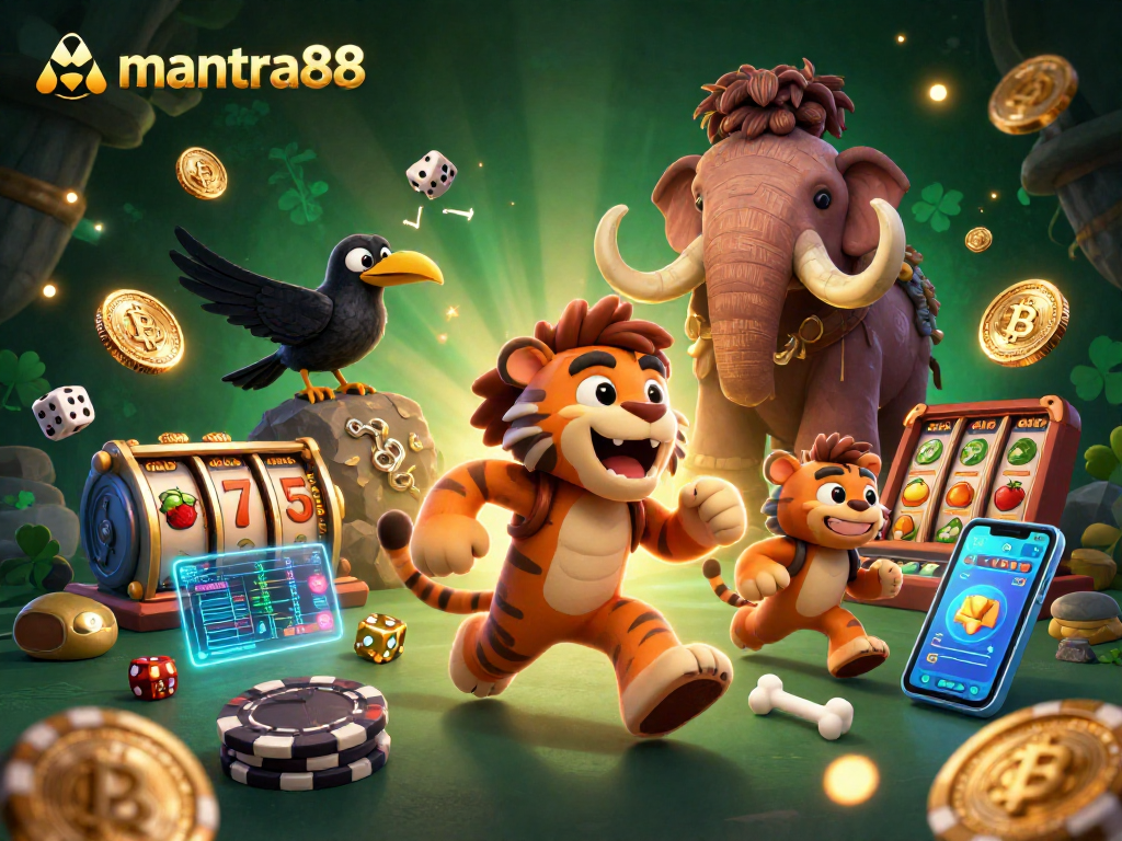 Engage in mantra88's vibrant gaming world with a prehistoric casino scene featuring crypto elements.