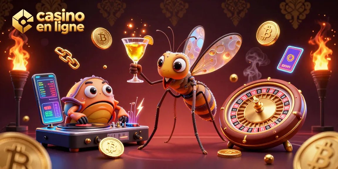 Plonger dans le monde du casino en ligne avec un mosqueto en ambre comme mascotte, tenant un cocktail doré.