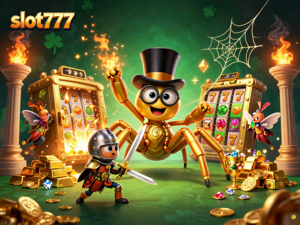 Spin the reels in excitement with slot777 featuring a golden tarantula and beetle knight, in a rich casino scene.