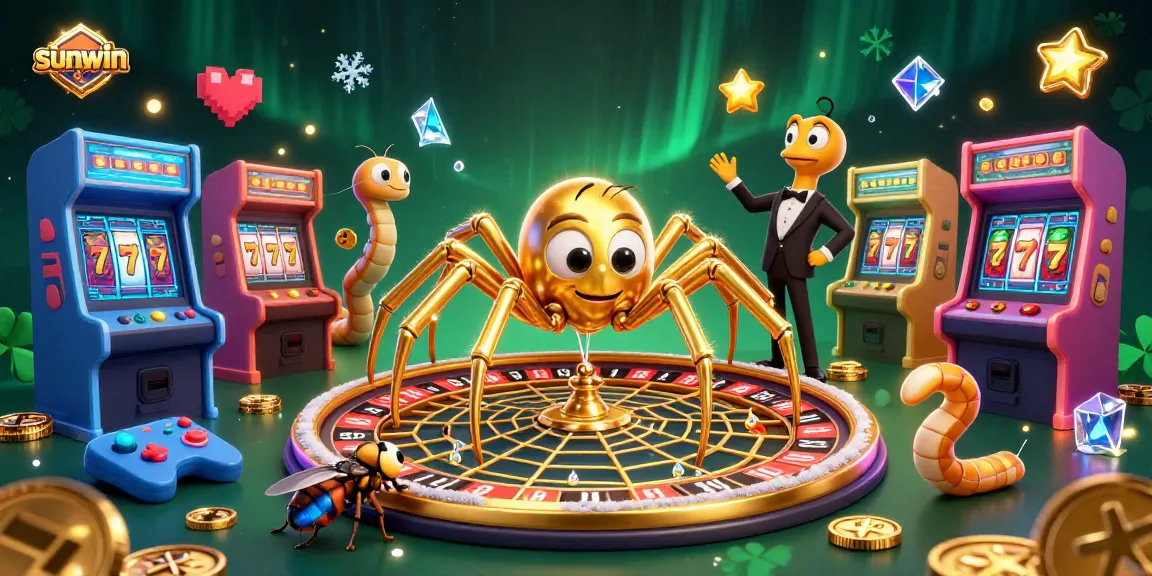 Experience the thrill of sunwin as a golden spider spins a roulette wheel web in a vibrant casino scene.