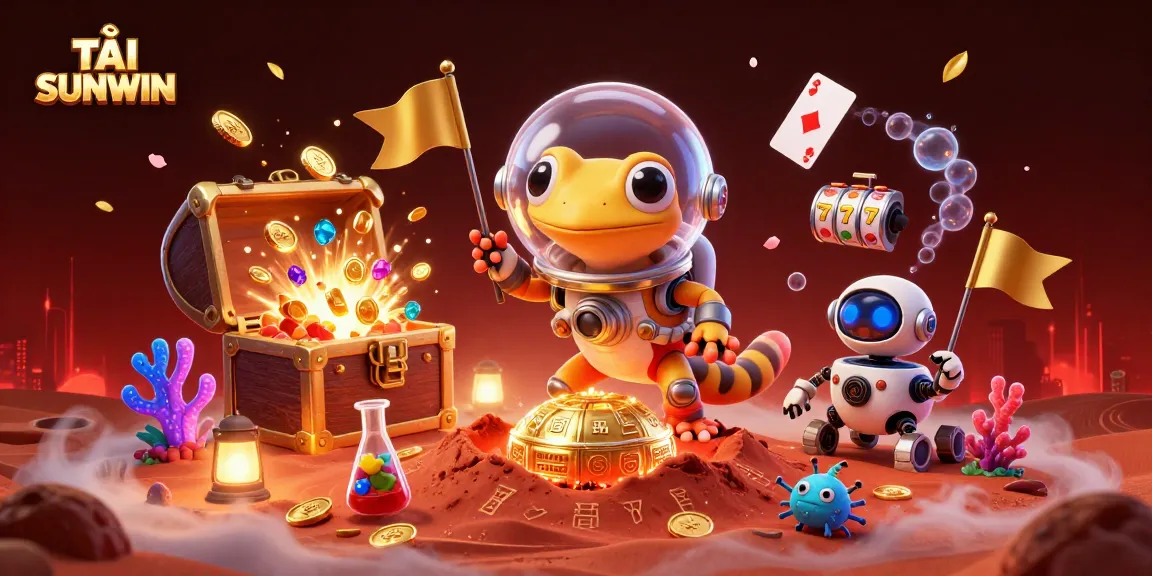 TẢI SUNWIN engages players with a thrilling 3D scene of a Martian gecko discovering a golden casino