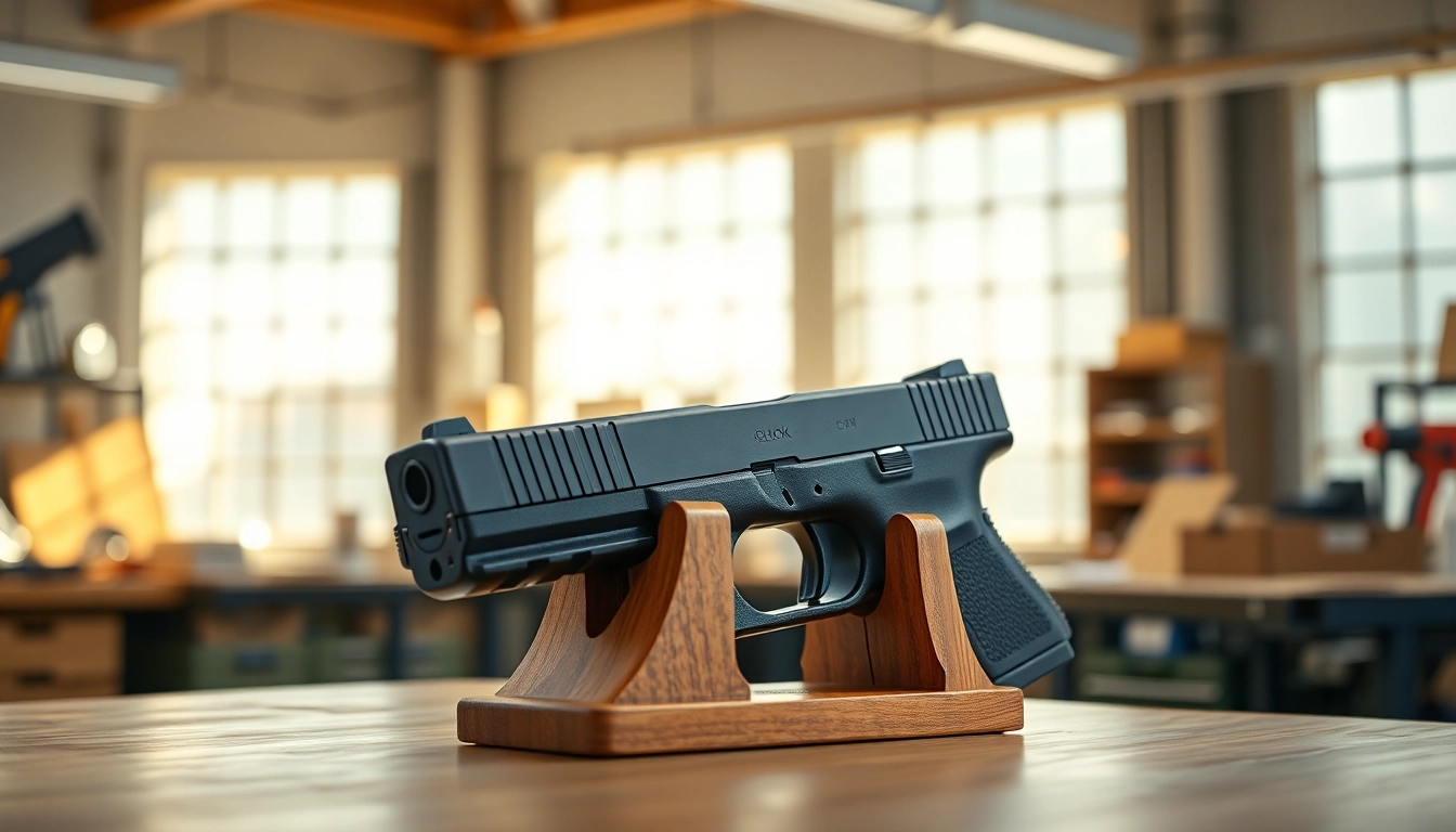 Showcasing a detailed glock 17 slide on a wooden display highlighting craftsmanship.