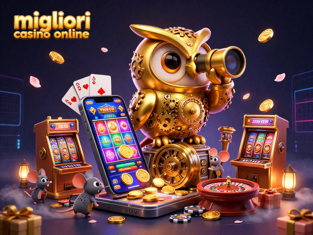Gioca nei migliori casino online con un gufo dorato e giochini di fortuna tra luci scintillanti.