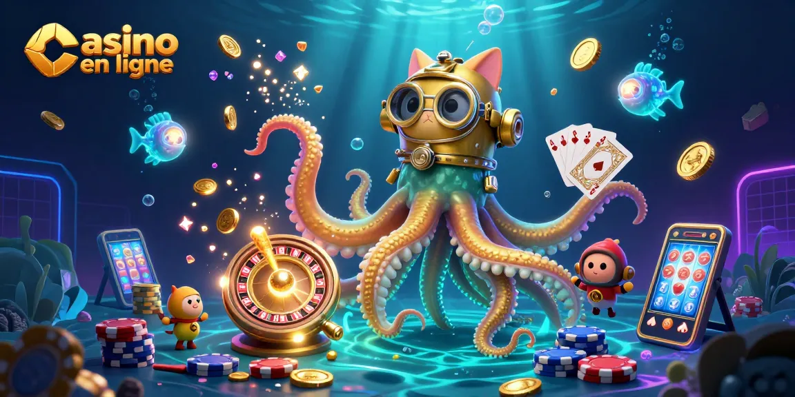 Visuel dynamique de casino en ligne avec un kraken, un chat plongeur et des pièces d'or.