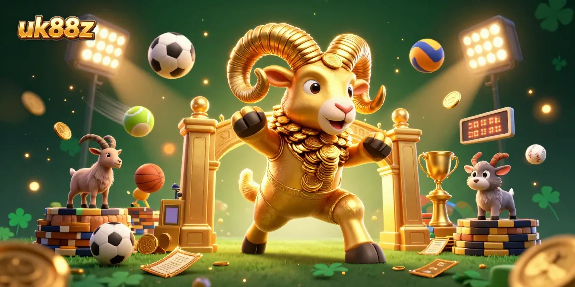 Engage with uk88z as the golden ram charges, surrounded by dynamic sports elements and excitement.