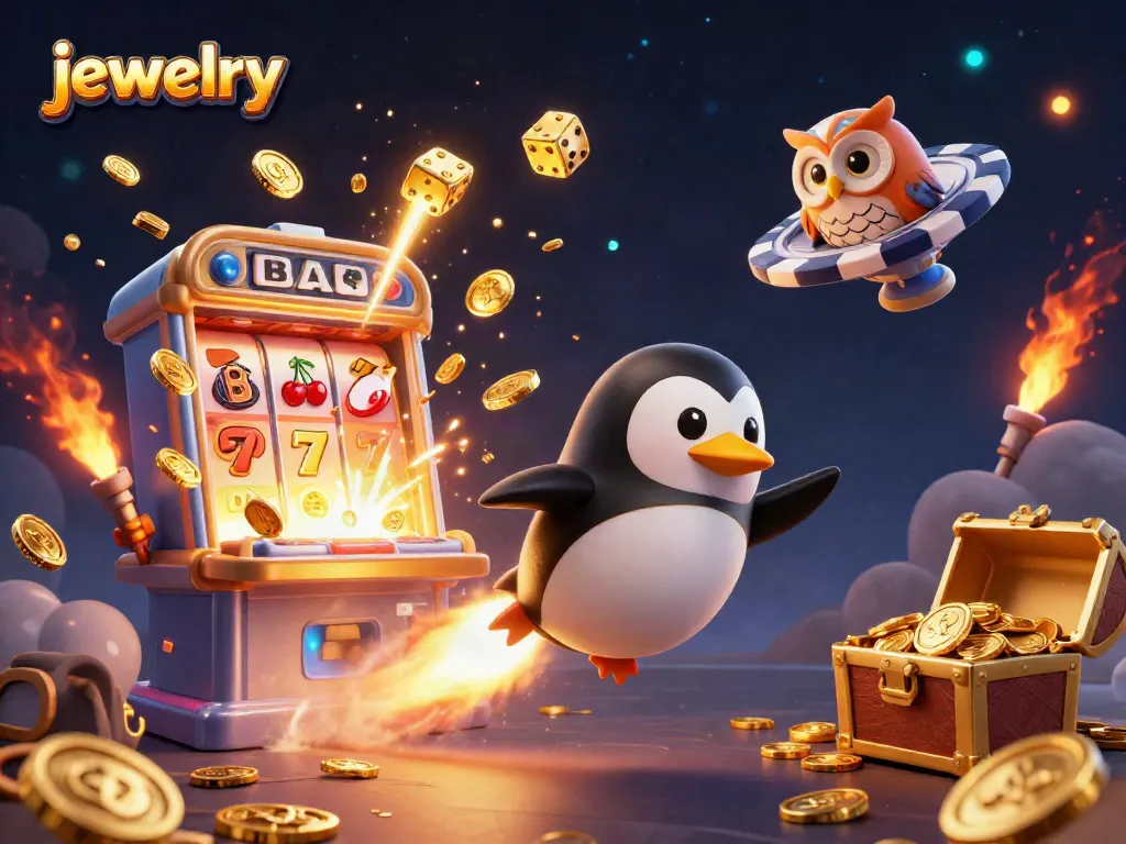 Engaging jewelry-themed visual illustrating a vibrant casino scene with a gambling penguin.