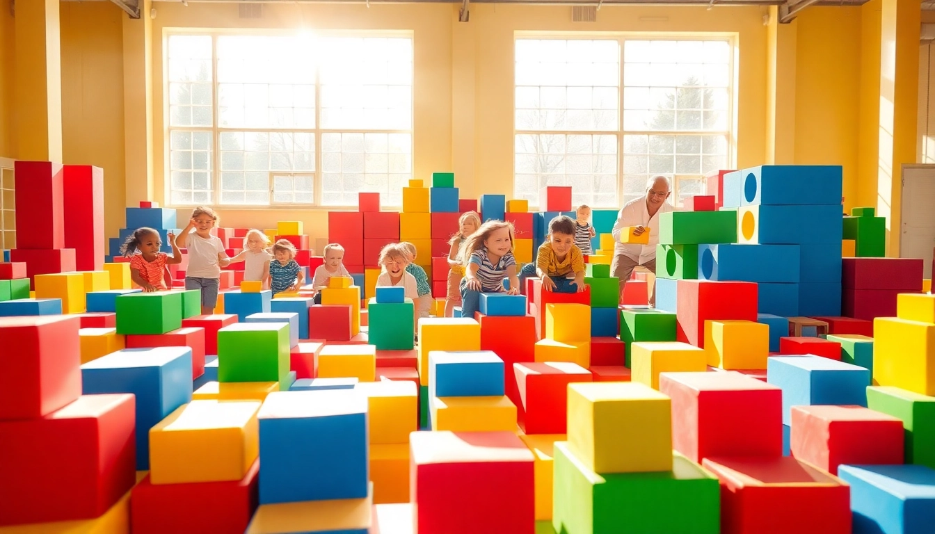 Find out more about kids enjoying oversized foam building blocks in a vibrant play area.