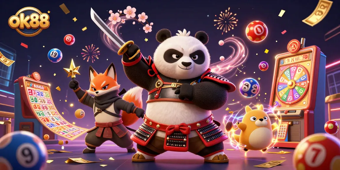 Experience thrilling gameplay at ok88 with a dynamic scene featuring samurai panda and vibrant lottery elements.