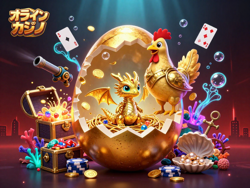 オンラインカジノで遊ぶ金色のドラゴンとポーカーチップの巣のイラスト