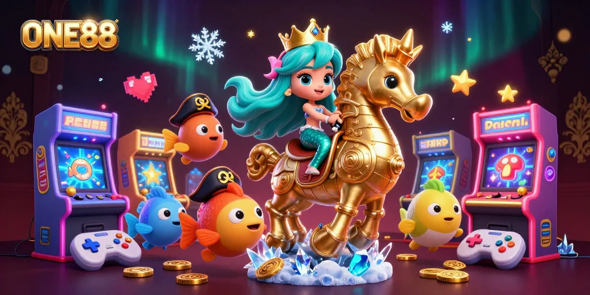 ONE88 gaming experience with a colorful casino-themed mermaid princess, vibrant surroundings