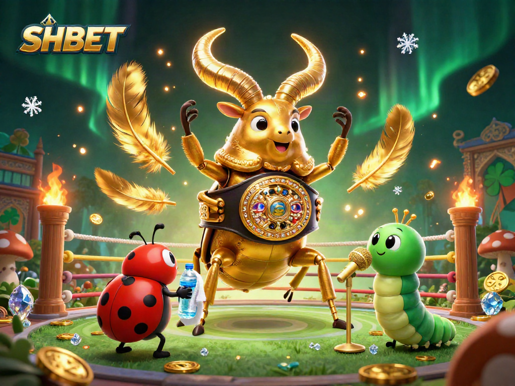 Engage with SHBET in this vibrant 3D illustration showcasing a boxing beetle surrounded by casino elements.