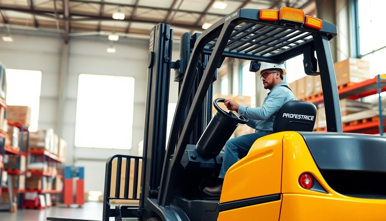 Forklift lifting heavy pallets in a bright warehouse setting.