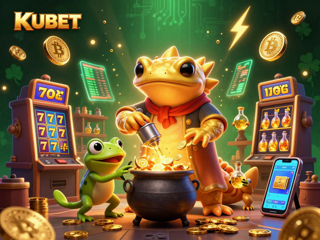 KUBET showcases a vibrant 3D scene of a gold-transmuting alchemist in a casino with exciting slot game elements.