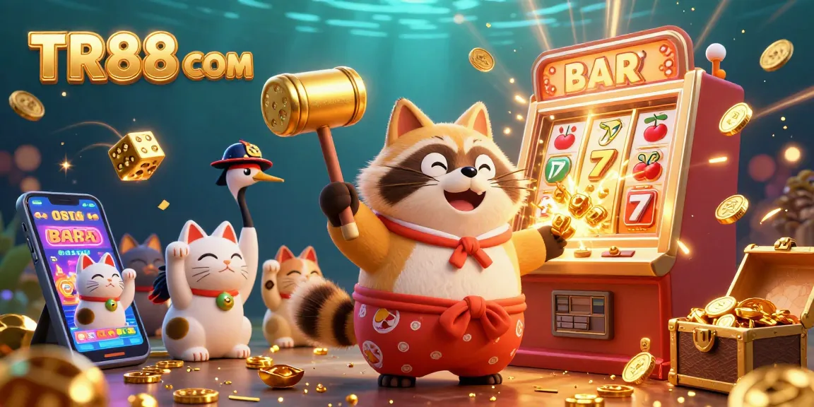 Engage with the exciting world of TR88 COM as a cheerful tanuki celebrates a jackpot explosion in an ultra-detailed 3D casino scene.
