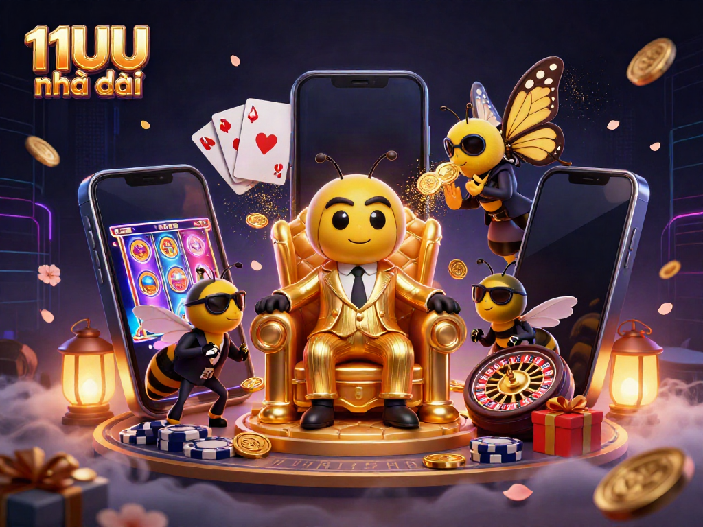 Play exciting games with the 11UU nhà cái brand featuring a dynamic bumblebee mob boss scene filled with gaming elements.