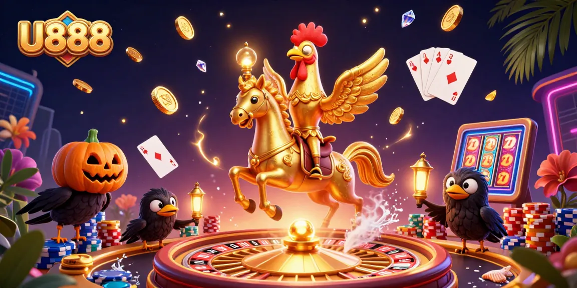 Engaging U888 illustration showcasing a golden rooster in a casino with lively game elements.