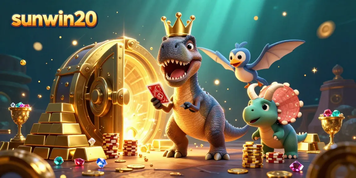Sunwin20 showcases a T-Rex shuffling cards amidst gold and jewels in an engaging casino scene.
