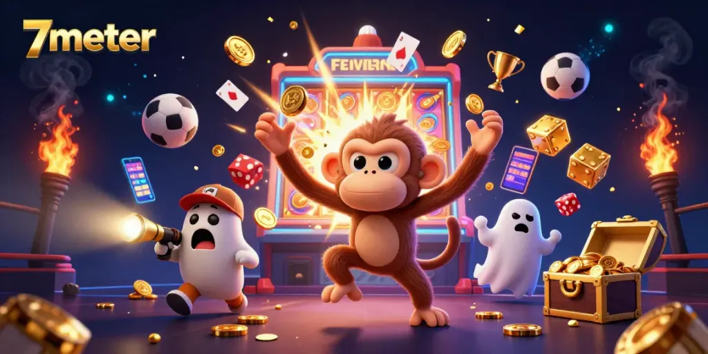 Experience thrilling sports betting action with 7meter in this dynamic 3D illustration featuring lively characters and golden rewards.