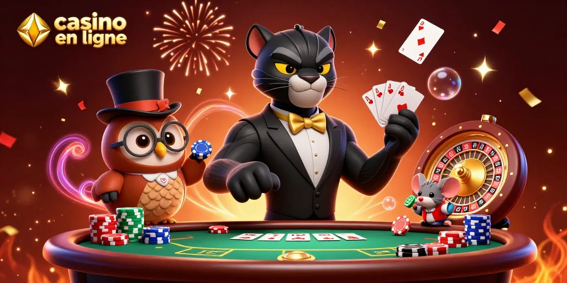 Profitez d'une scène captivante de casino en ligne avec une panthère élégante, un hibou distingué et une petite souris chanceuse.