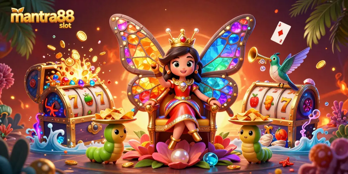 Spin the reels with mantra88 slot, featuring a vibrant casino scene with gems and golden treasures.