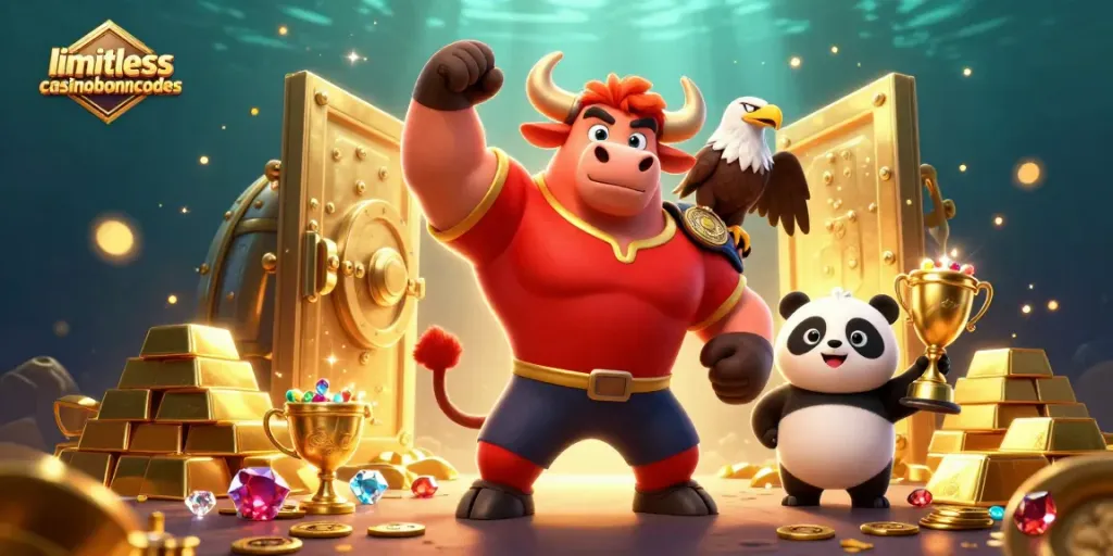 Engage with limitlesscasinobonuscodes at an exciting casino victory scene featuring cartoon characters and treasure.