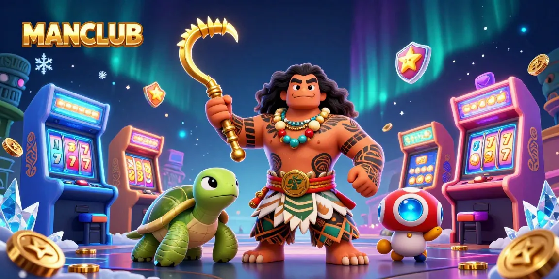 Experience excitement at MANCLUB with vibrant slot machines and thrilling game elements in a dazzling casino scene.