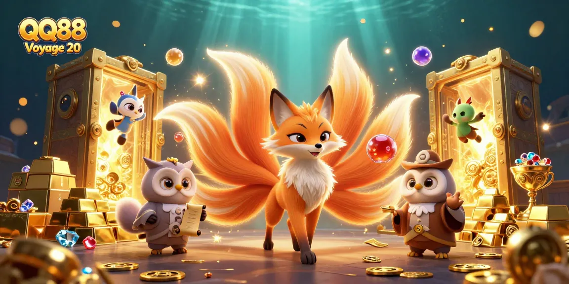 Experience the thrilling world of QQ88 Voyage 20 with glowing characters, treasures, and vibrant casino elements.