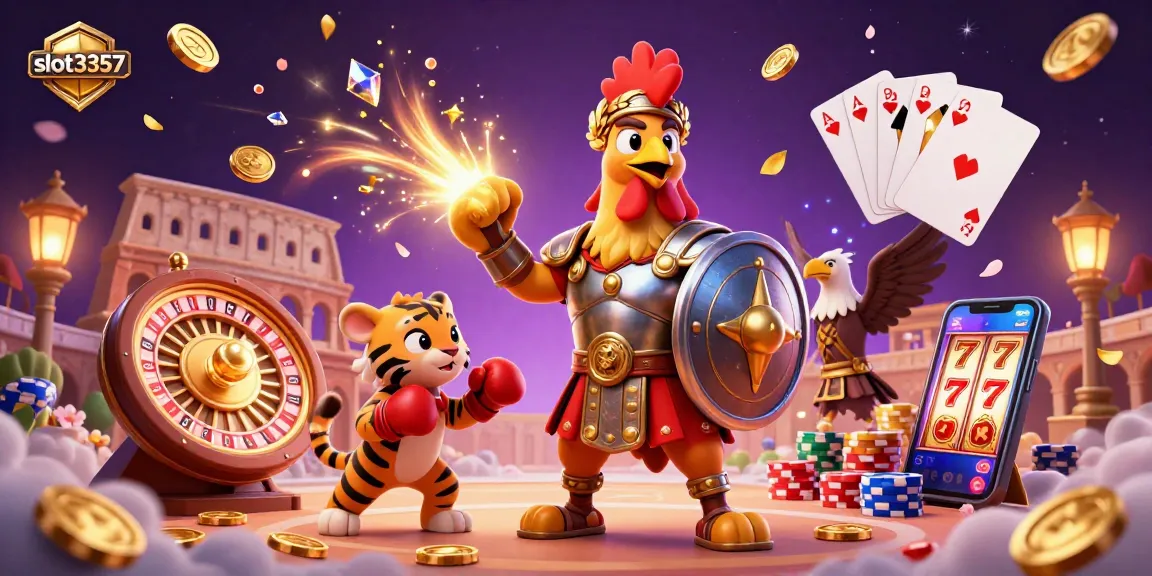 Engage with slot3357, featuring a dynamic 3D scene of a gladiator rooster and slot elements.