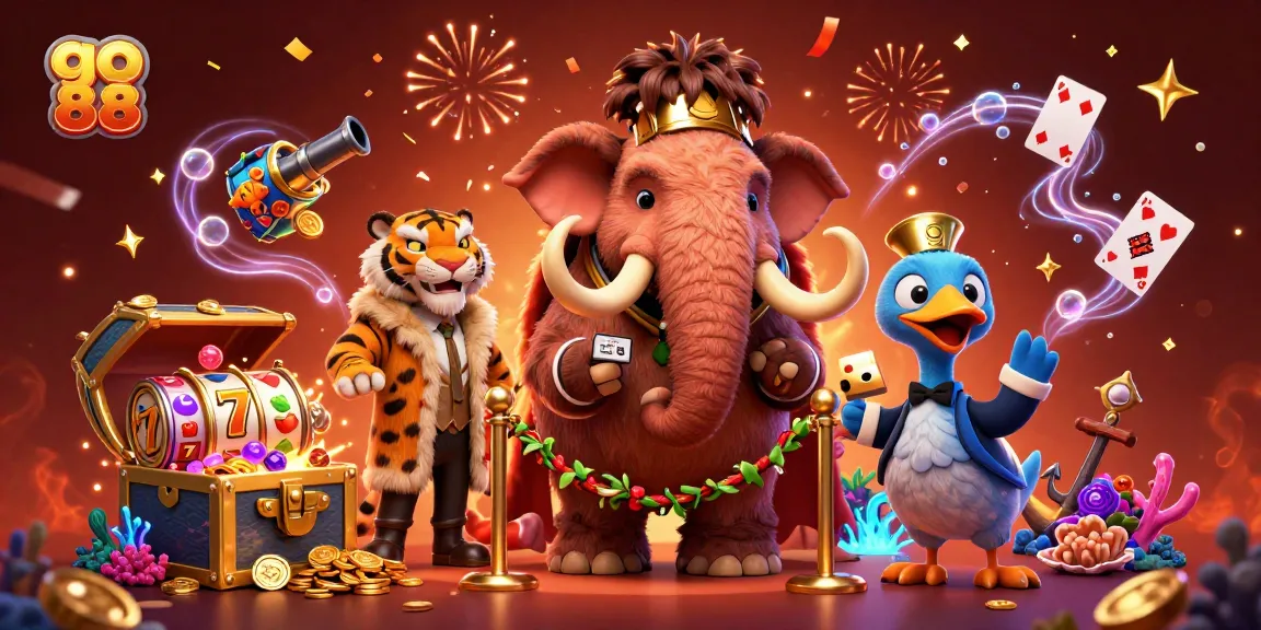 Join the excitement at go 88 with a vibrant casino scene featuring characters and slot elements.