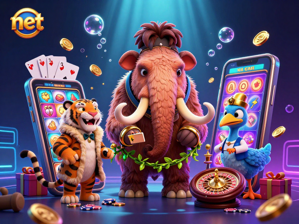 Experience the gambling excitement at net with a vibrant scene of spirited characters and dynamic game elements.