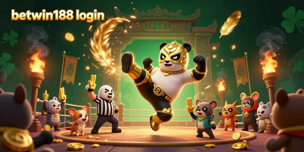 Menyaksikan aksi betwin188 login dengan panda pegulat dan chihuahua wasit dalam arena pertarungan dengan efek api dan koin emas.