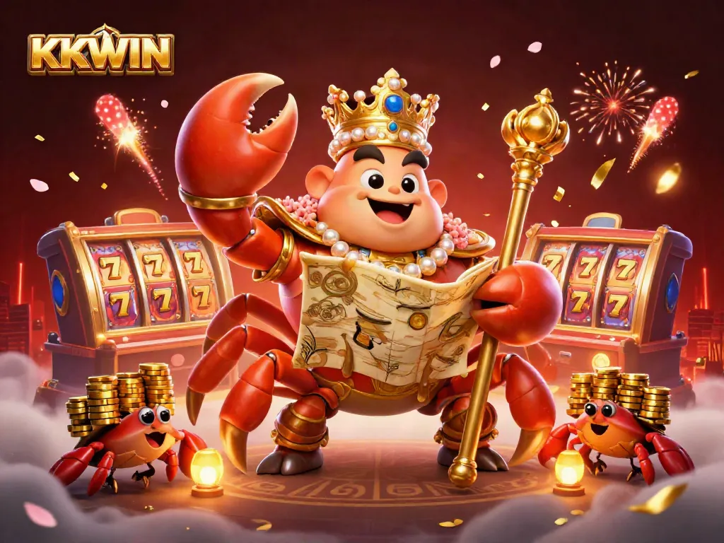 Engage with KKWIN's vibrant slots scene featuring a golden crab emperor amidst dynamic game elements.