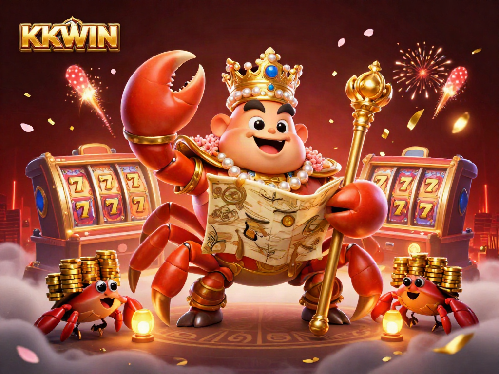 Engage with KKWIN's vibrant slots scene featuring a golden crab emperor amidst dynamic game elements.