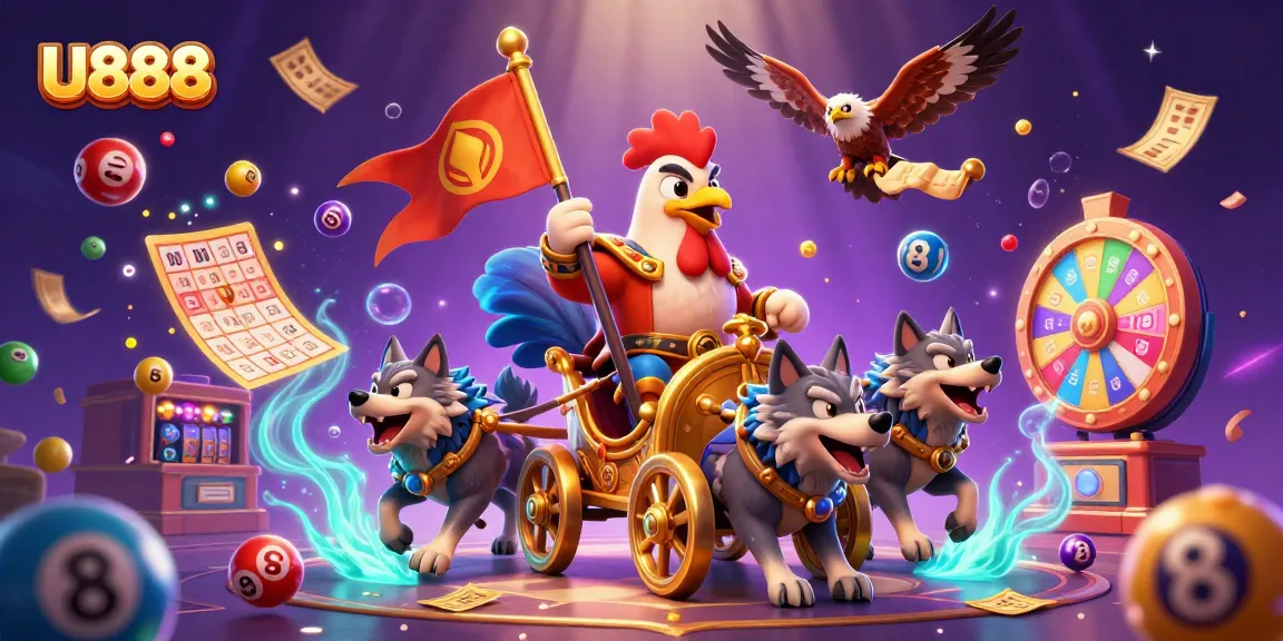 Engage with U888's vibrant lottery games while a rooster warlord leads a dynamic celebration of luck.