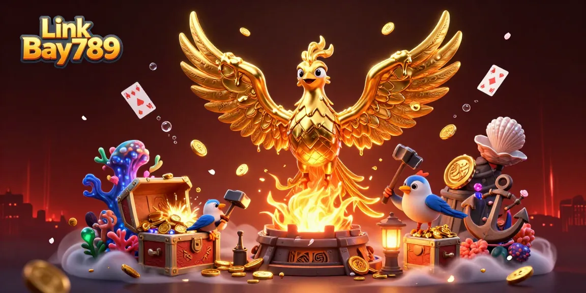 Experience thrilling wins at Link Bay789 with a lucky golden phoenix soaring through a sea of coins and treasures.