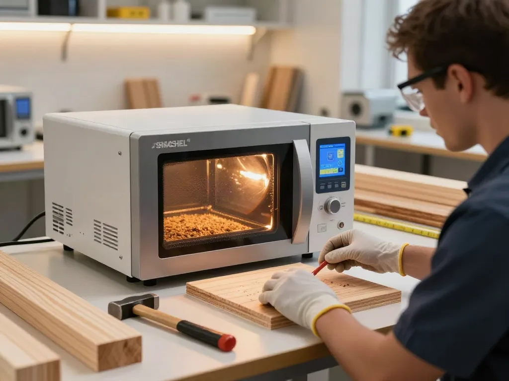 SHASHEL® microwave device eliminating woodworms in a modern workshop.