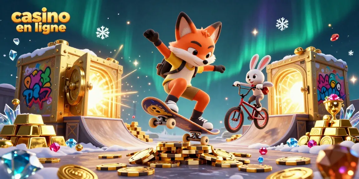Une scène dynamique illustrant un skateboardeur et un lapin BMX dans un casino en ligne coloré.