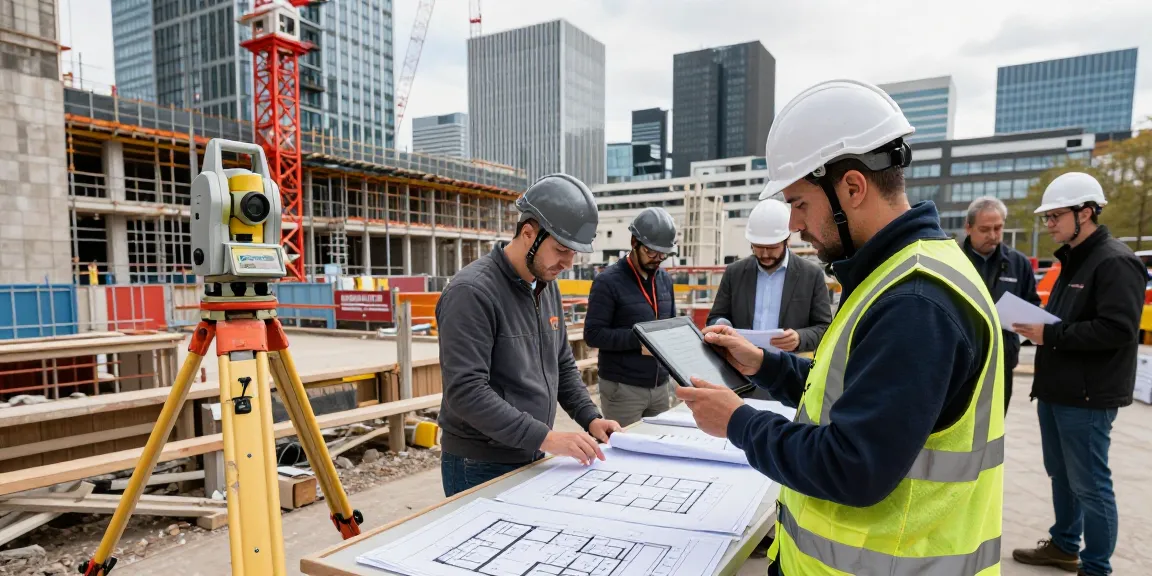 Measured building surveyors using technology at a London construction site to capture details accurately.