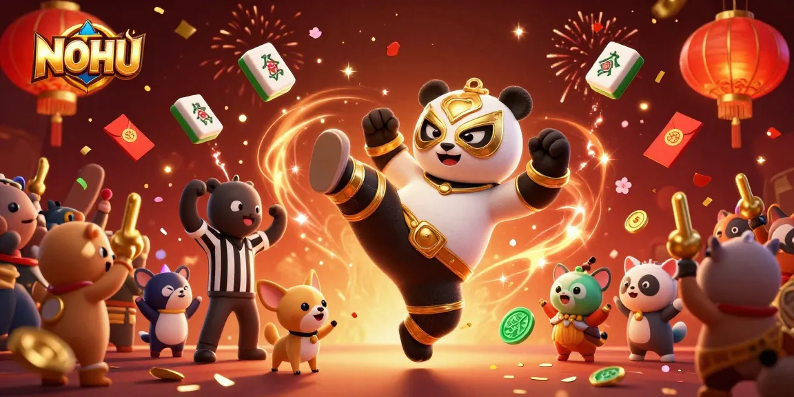 Experience thrilling casino action with NOHU's vibrant 3D panda wrestling illustration.