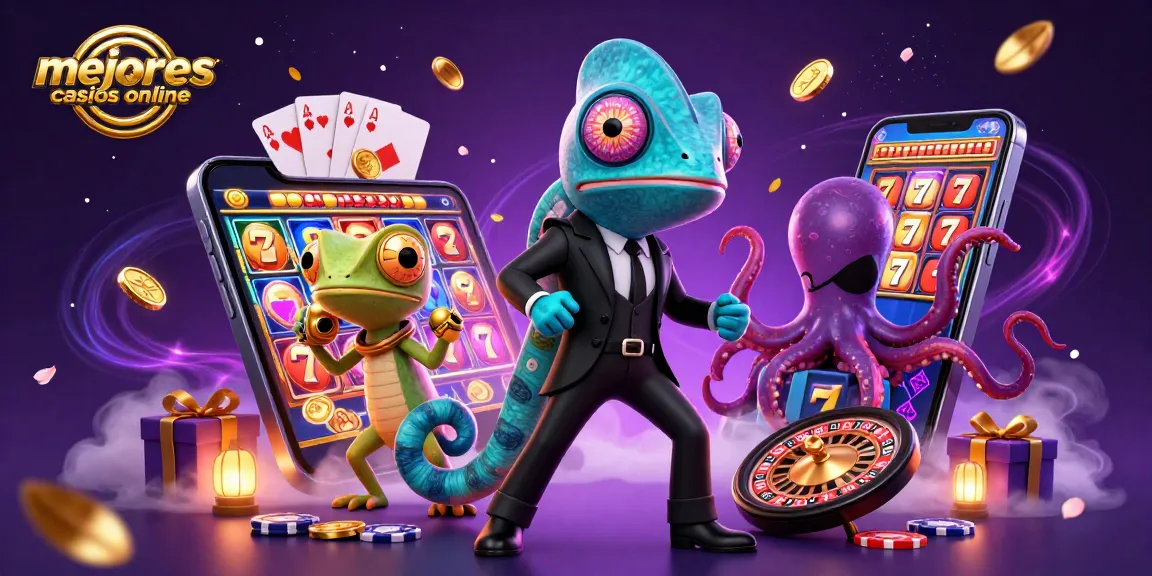 Imágenes de los mejores casinos online, donde un camaleón agente secreto y sus amigos juegan con tragamonedas.