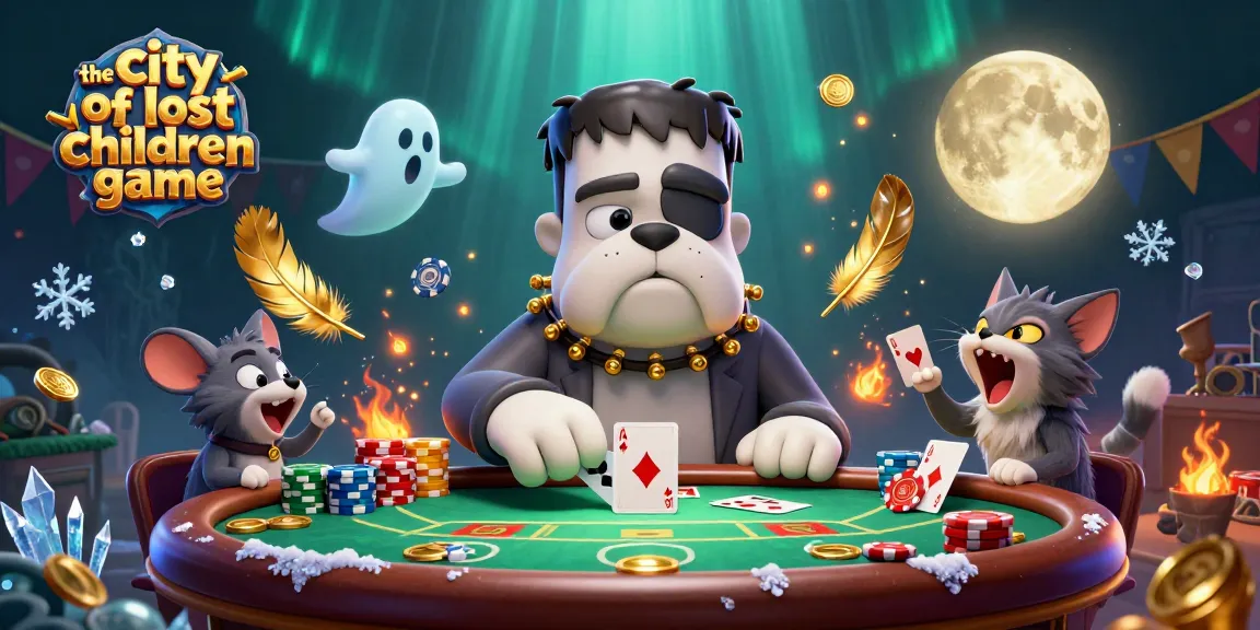 The city of lost children game featuring a colorful poker scene with a Frankenstein bulldog and fun characters.