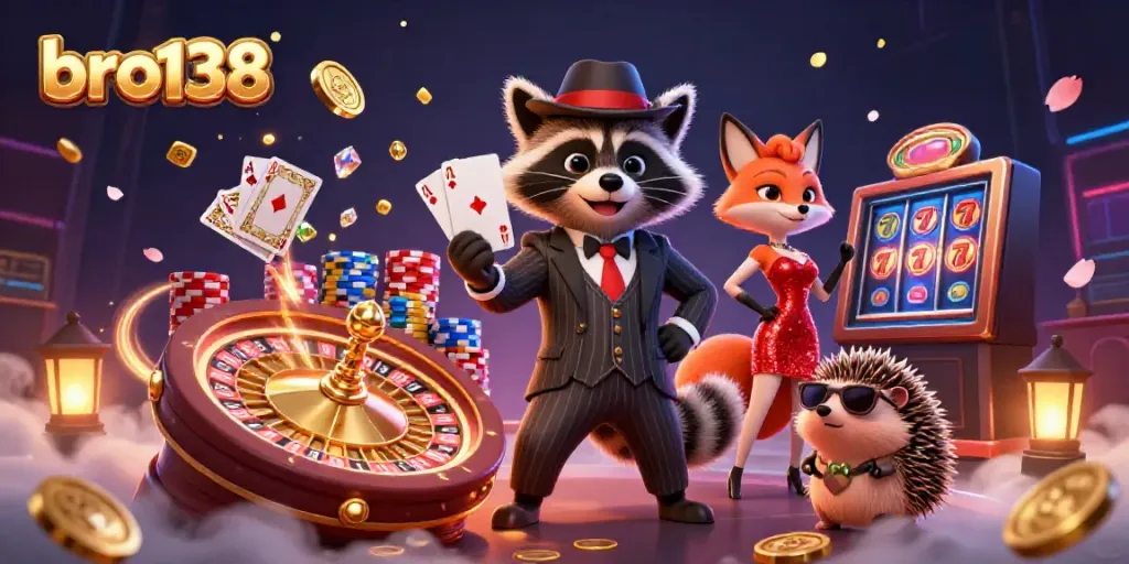Spin to win the ultimate casino experience at bro138 with a raccoon holding royal flush and vibrant poker elements.