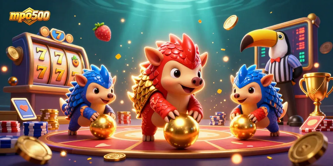 Engage in thrilling gameplay with mpo500's vibrant slot gacor, featuring pangolins amid colorful casino elements.