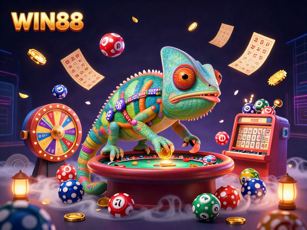 Experience incredible WIN88 excitement with a colorful casino scene featuring lively characters.