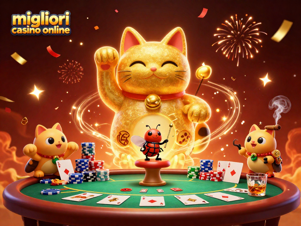 Gioca e vinci con i migliori casino online, vedendo un gatto fortunato e simboli di casinò interattivi.