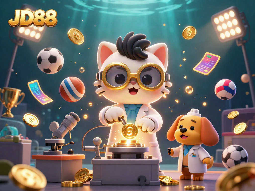 Engage in the exciting world of JD88 with a vibrant scene featuring a mad scientist cat and dog in a casino lab.