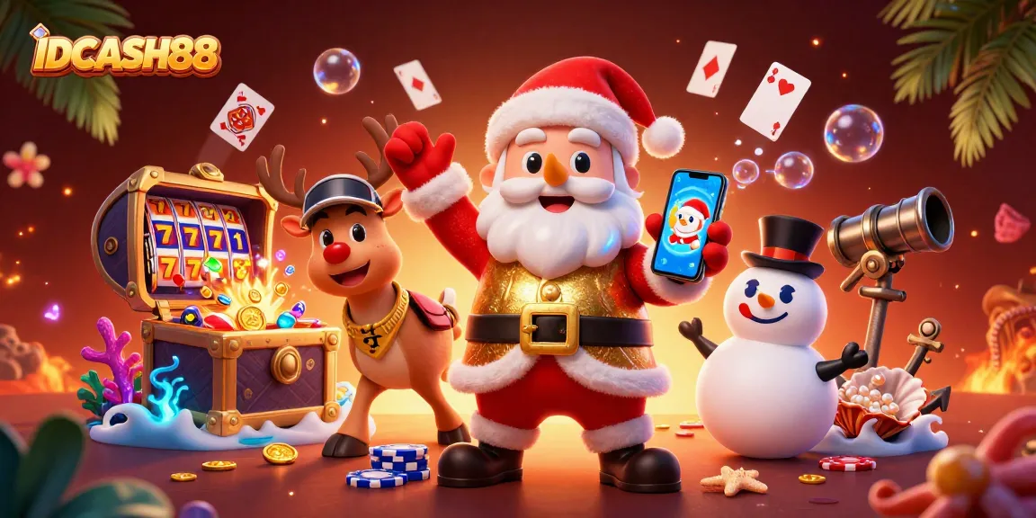 Experience the excitement of IDCASH88 with a playful casino scene featuring Santa, a reindeer dealer, and a snowman.