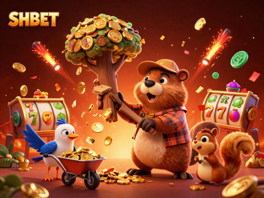 Spin to win big with SHBET in a vibrant scene of a cartoon casino with gold coins and festive elements.