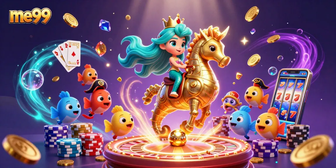 Experience the excitement of me99 with a vibrant casino-themed 3D scene featuring a mermaid princess, treasures, and games.